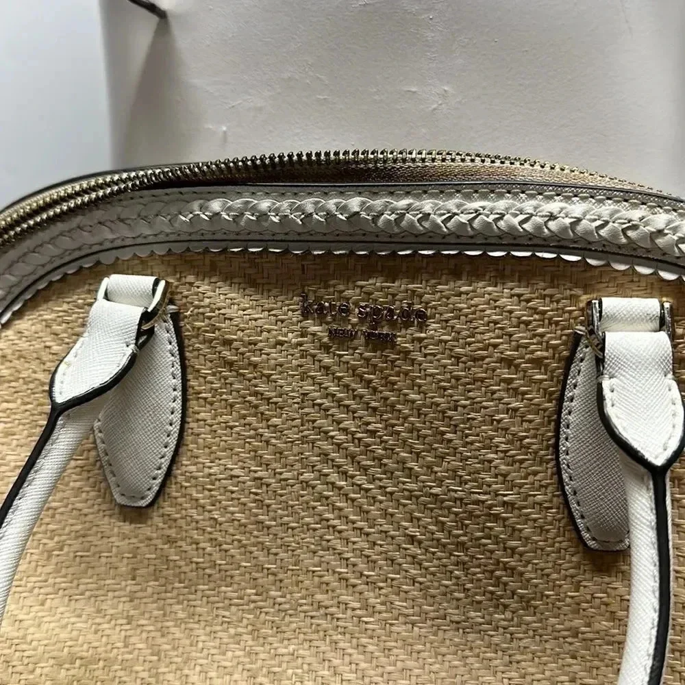 Kate Spade Reiley Dome Satchel Purse Handbag Straw Wicker Leather Trim White